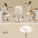 VASAGLE Taburet pentru masa machiaj, reglabil pe inaltime, rotativ 360°, sezut capitonat, 39x39x58 cm, alb crem Mob360 - imagine 4