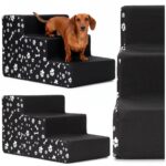 Scara pentru animale de companie, caini sau pisici, 3 trepte, antiderapanta, husa detasabila, inaltime 30 cm, negru cu decor alb Mob360 - imagine 3