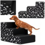 Scara pentru animale de companie, caini sau pisici, 3 trepte, antiderapanta, husa detasabila, inaltime 30 cm, negru cu decor alb Mob360 - imagine 4