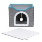 Casuta pentru pisici cu platforma si jucarie suspendata, structura din lemn si husa textila, 42x41x34 cm, gri Mob360 - imagine 2