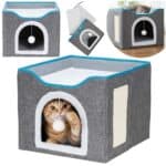 Casuta pentru pisici cu platforma si jucarie suspendata, structura din lemn si husa textila, 42x41x34 cm, gri Mob360 - imagine 3