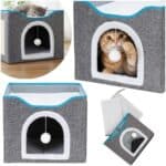 Casuta pentru pisici cu platforma si jucarie suspendata, structura din lemn si husa textila, 42x41x34 cm, gri Mob360 - imagine 4