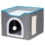 Casuta pentru pisici cu platforma si jucarie suspendata, structura din lemn si husa textila, 42x41x34 cm, gri Mob360