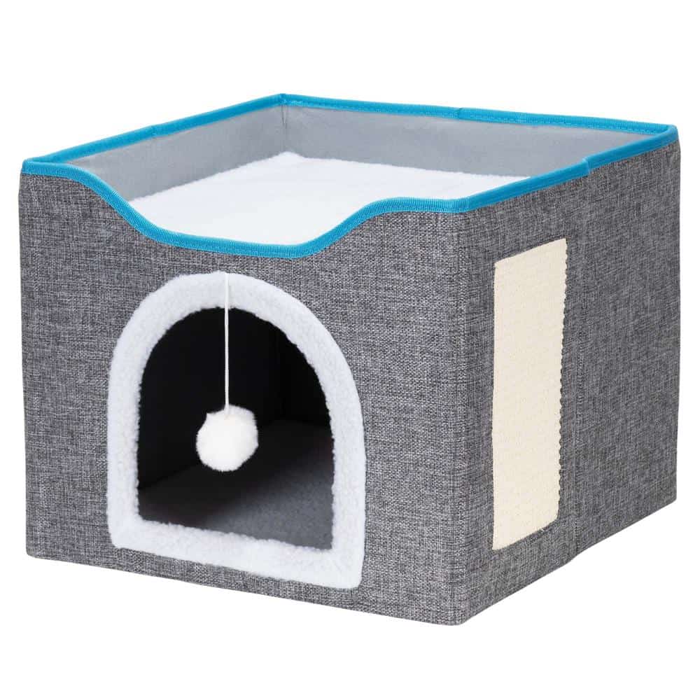 PA1085-5 Casuta pentru pisici cu platforma si jucarie suspendata, structura din lemn si husa textila, 42x41x34 cm, gri Mob360 - imagine 1