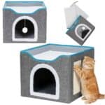 Casuta pentru pisici cu platforma si jucarie suspendata, structura din lemn si husa textila, 42x41x34 cm, gri Mob360 - imagine 5