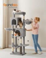 FEANDREA Ansamblu de joaca pentru pisici, platforme, ascunzatori, hamac si stalpi din sisal, 57x45x175 cm, gri deschis Mob360 - imagine 5