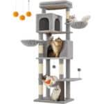 FEANDREA Ansamblu de joaca pentru pisici, platforme, ascunzatori, hamac si stalpi din sisal, 57x45x175 cm, gri deschis Mob360