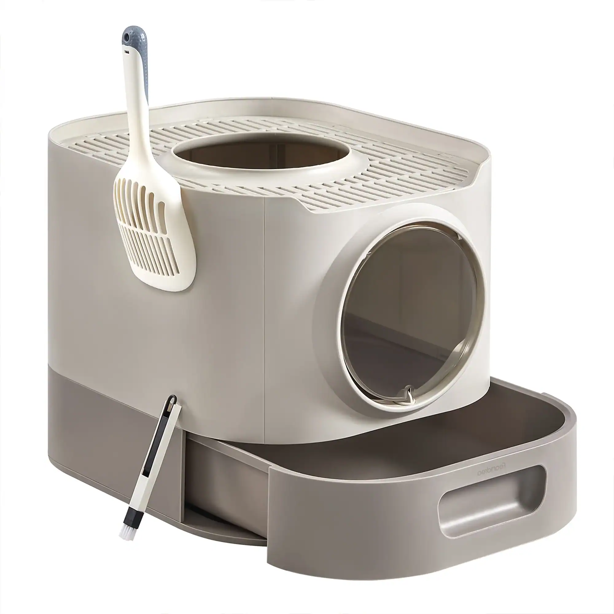 PPT002G01-7 FEANDREA Litiera pentru pisici XXL cu capac, tava extensibila si accesorii incluse, din plastic PP, 54x43x40 cm, gri deschis Mob360 - imagine 1