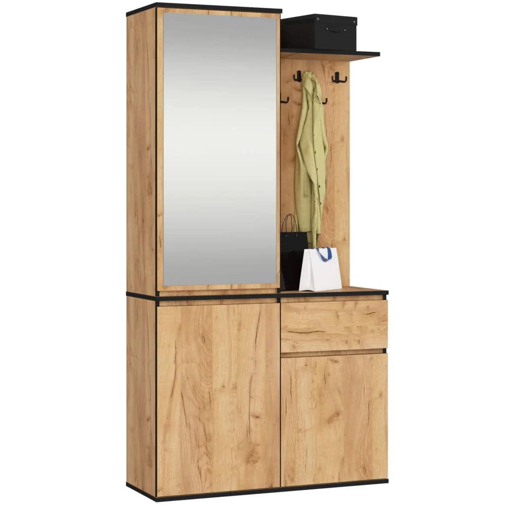 Untitled-13 Set hol Entro cu oglinda, cuier si spatii de depozitare, PAL laminat 16 mm, 95x35x183 cm, stejar craft Mob360 - imagine 1