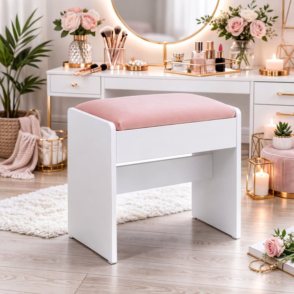 rds001w01-1-1 VASAGLE Taburet masa toaleta tapitat cu catifea, picioare cu protectii, 29x45x45 cm, alb si roz Mob360 - imagine 1