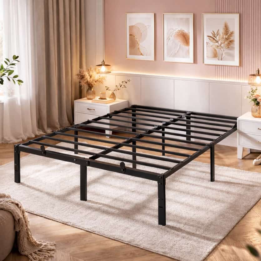 rmb133b01 VASAGLE Cadru pat dublu 140x190 cm, structura metalica rezistenta 450 kg, cu spatiu de depozitare, negru Mob360 - imagine 1