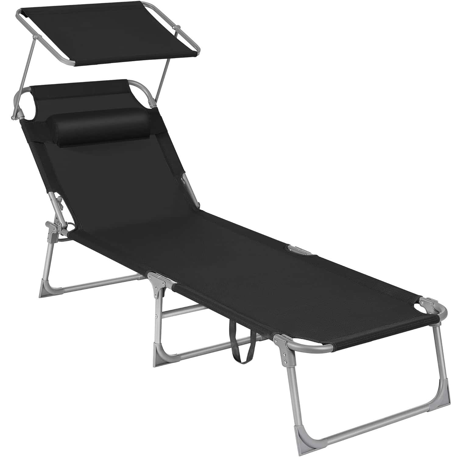 01-1 Sezlong pliabil, cu parasolar si tetiera, spatar reglabil in 4 pozitii, maxim 150kg, 193x53x29cm, negru Mob360 - imagine 1