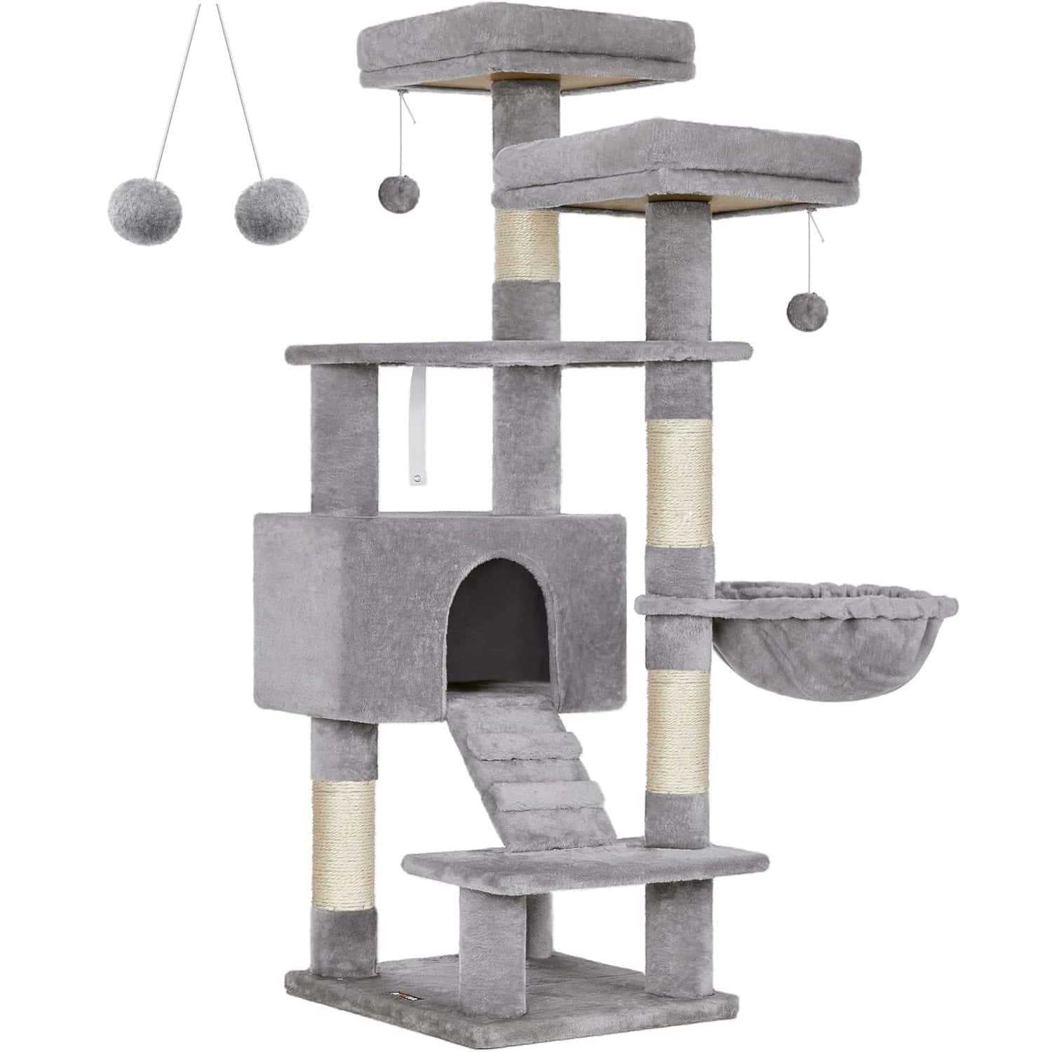 02-31 FEANDREA Ansamblu de joaca pentru pisici, tip copac, cu 3 culcusuri si ascunzatoare, 50x45x142cm, gri deschis Mob360 - imagine 1