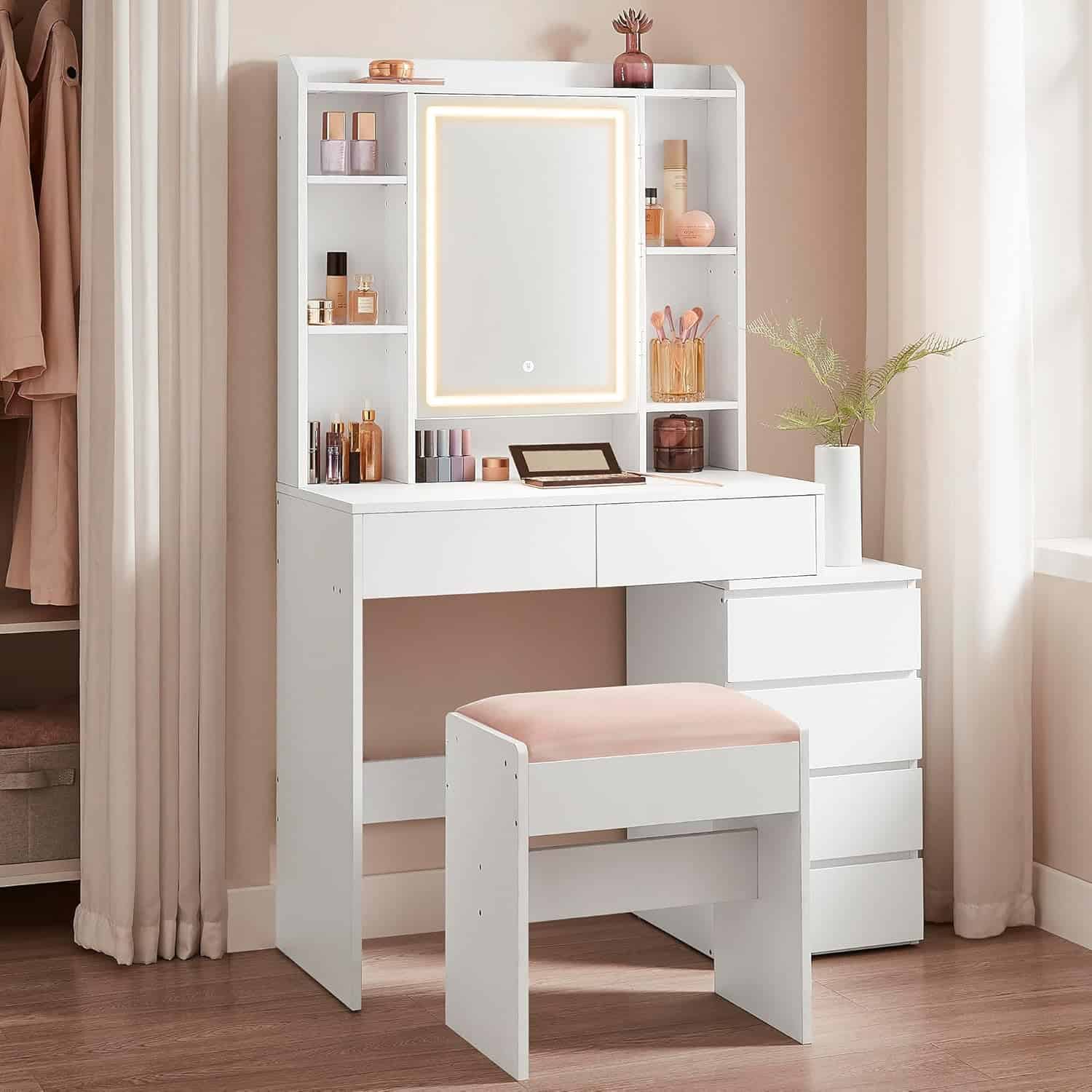 12-10 VASAGLE Masa de toaleta cu taburet si oglinda, iluminare LED reglabila, 6 sertare, 98x40x145 cm, alb Mob360 - imagine 1