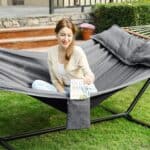 Hamac dublu cu bara stabilizatoare din lemn, 2 perne, 210x150cm, maxim 300kg, gri Mob360 - imagine 5