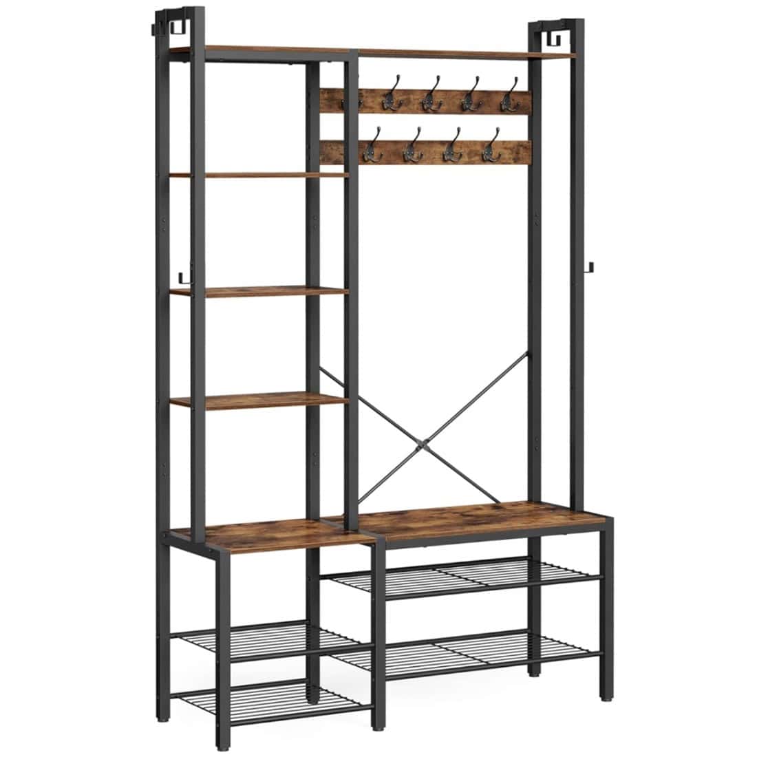 HSR426KD01-1 VASAGLE Cuier hol 4 in 1 cu banca, pantofar si rafturi, cadru metalic, stil industrial, 40x120x190 cm, maro rustic Mob360 - imagine 1