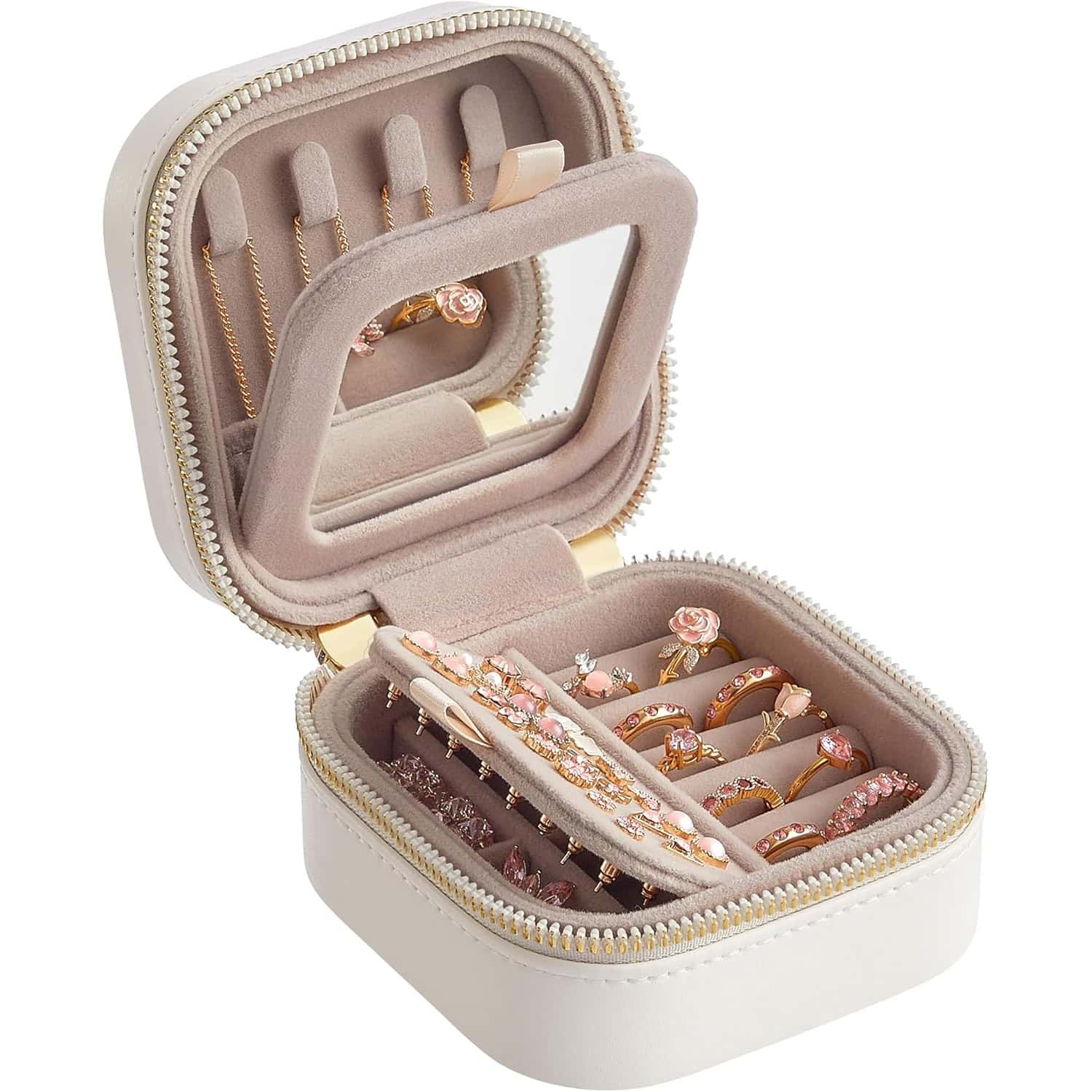 JBC179W01-7 Cutie de bijuterii compacta cu oglinda si fermoar, 11x11x6 cm, alb Mob360 - imagine 1