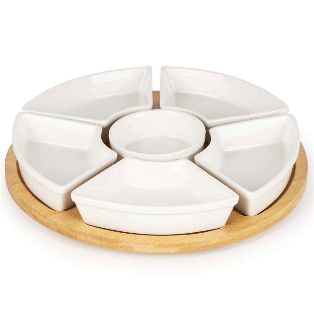 KI0169-1 Set servire rotativ cu platou din bambus si 6 boluri din portelan, 30 cm, maro natur si alb Mob360 - imagine 1