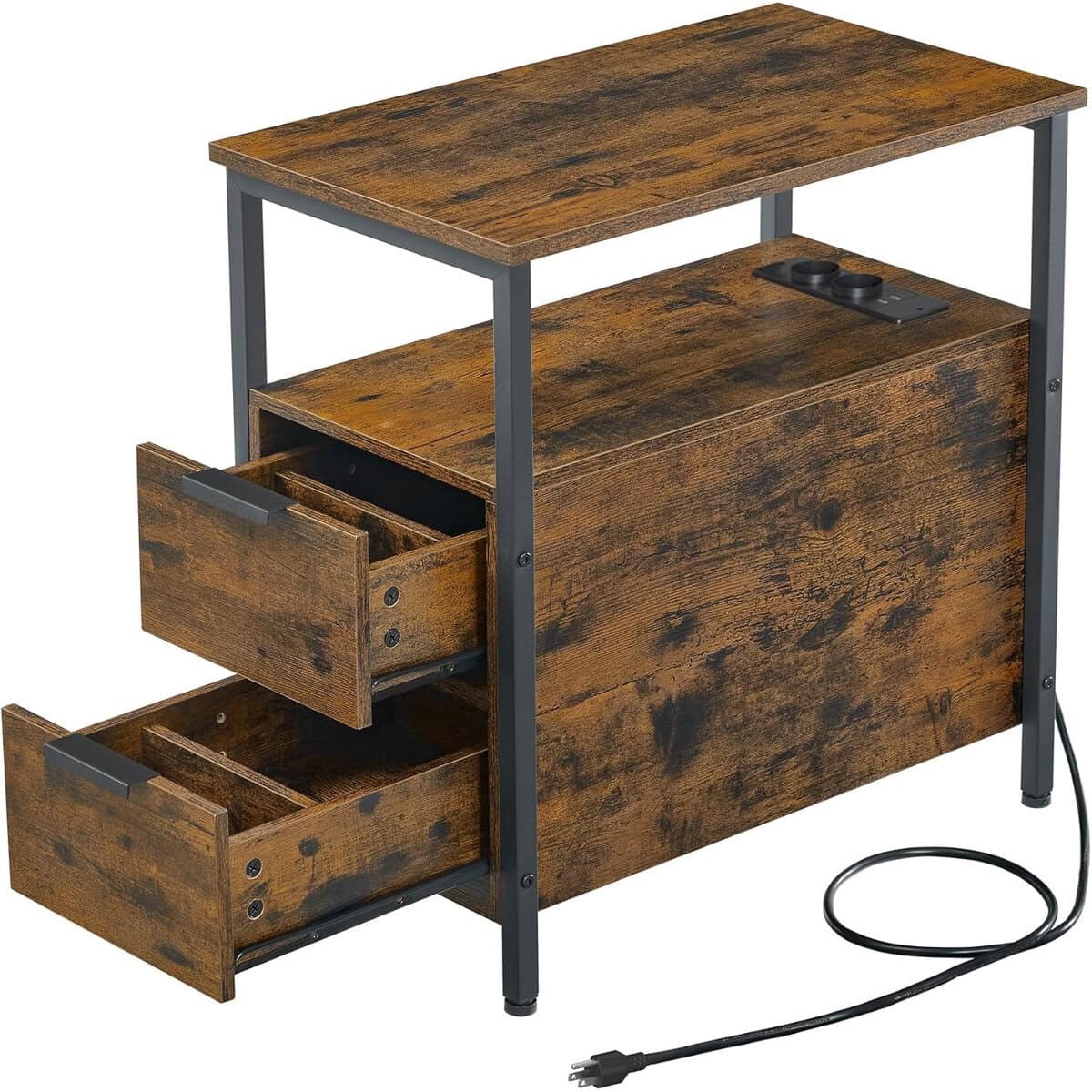 LET325B01-9 VASAGLE Noptiera 60x35x61 cm, cu 2 sertare, rafturi si priza incorporata, PAL si otel, maro rustic Mob360 - imagine 1