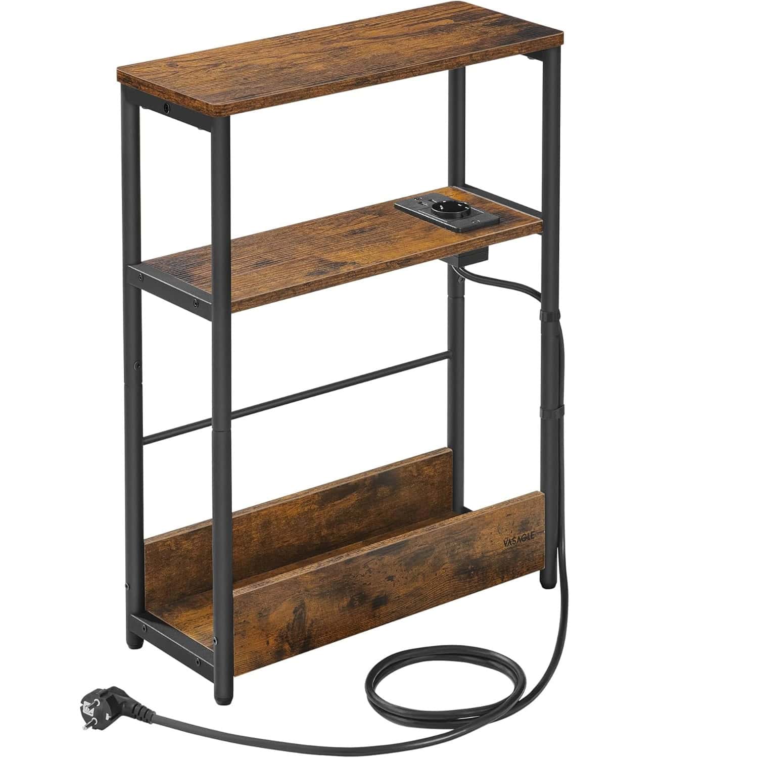 LET335K02-3 VASAGLE Masuta ingusta cu priza si porturi de incarcare USB, 3 rafturi, 45x18x58 cm, maro rustic Mob360 - imagine 1