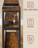 VASAGLE Masuta ingusta cu priza si porturi de incarcare USB, 3 rafturi, 45x18x58 cm, maro rustic Mob360 - imagine 5
