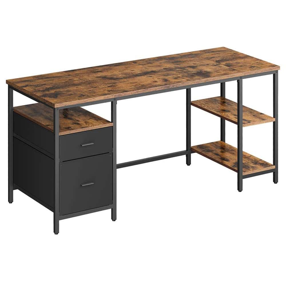 LWD105K01-7 VASAGLE Birou cu 3 rafturi si 2 sertare, cadru metalic si PAL, montaj reversibil, 160x60x76 cm, maro rustic Mob360 - imagine 1