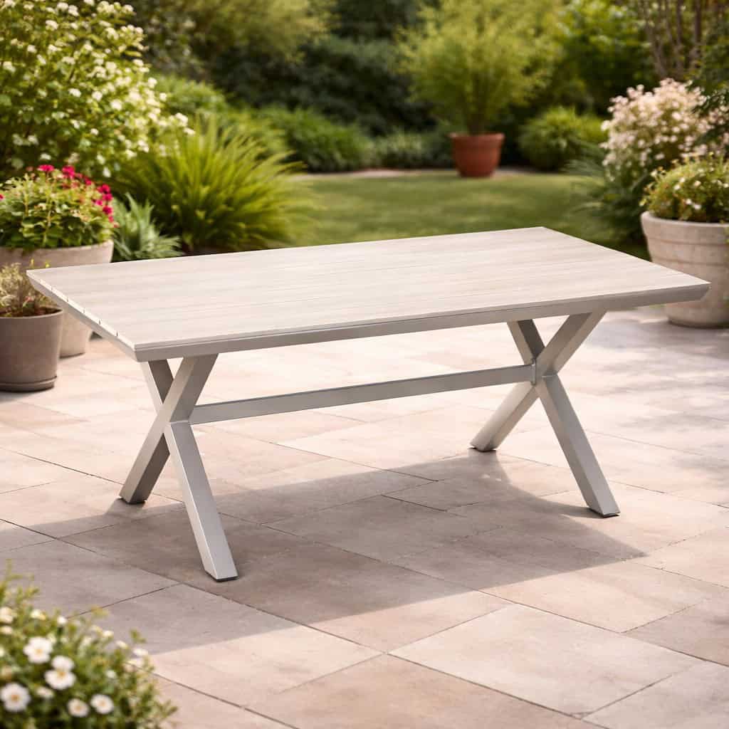 RIT-9477 Masa pentru gradina, cadru aluminiu, blat polywood cu aspect de lemn, 180x100x75 cm, bej Mob360 - imagine 1