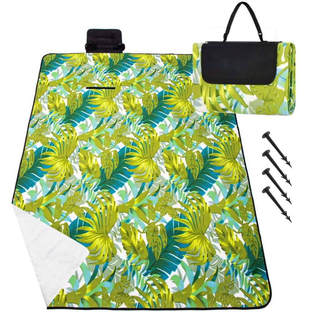 1-38 Patura pentru picnic sau plaja, cu folie izolatoare si maner, 150x200cm, model frunze, verde Mob360 - imagine 1