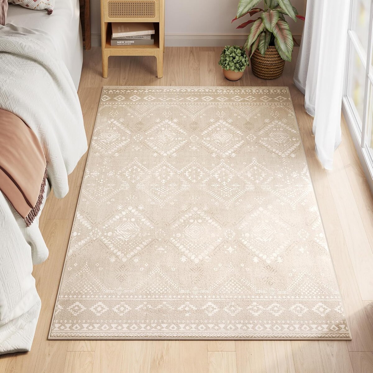 7-19 Covor decorativ antiderapant, stil boho, lavabil la masina, 120×170 cm, bej cappuccino Mob360 - imagine 1