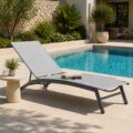 Sezlong pliabil reglabil pentru terasa si balcon, textilena si cadru otel, 195x63x90 cm, gri Mob360