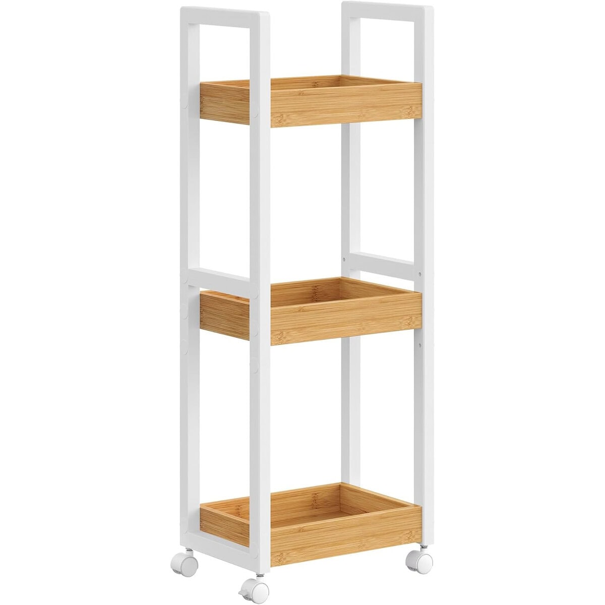 BCB083N02-7 Carucior de baie, raft ingust cu roti, bambus si MDF, 20x30x80 cm, alb si maro natur Mob360 - imagine 1