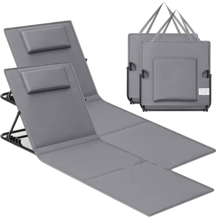 GCB251G11-7 Set 2 sezlonguri plaja pliabile, spatar reglabil in 4 pozitii, tetiera, buzunar depozitare, 158x55 cm, gri Mob360 - imagine 1