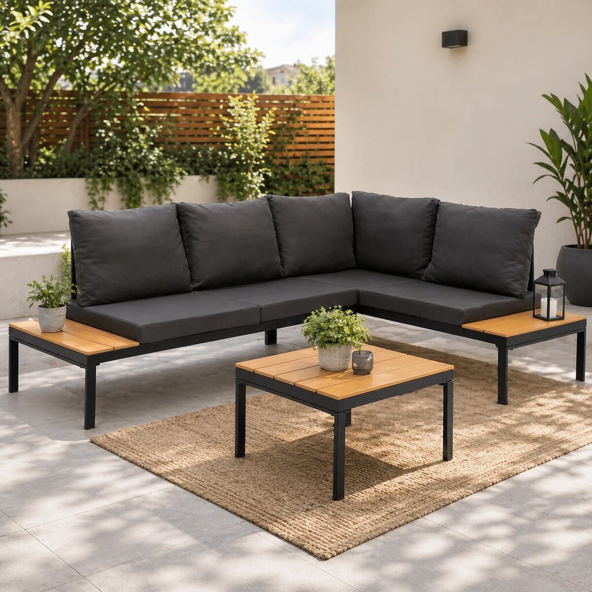 GF-0115-0 Set mobilier gradina coltar cu masa, separabil in 2 canapele tip sezlong, perne impermeabile, cadru metalic, gri si maro Mob360 - imagine 1