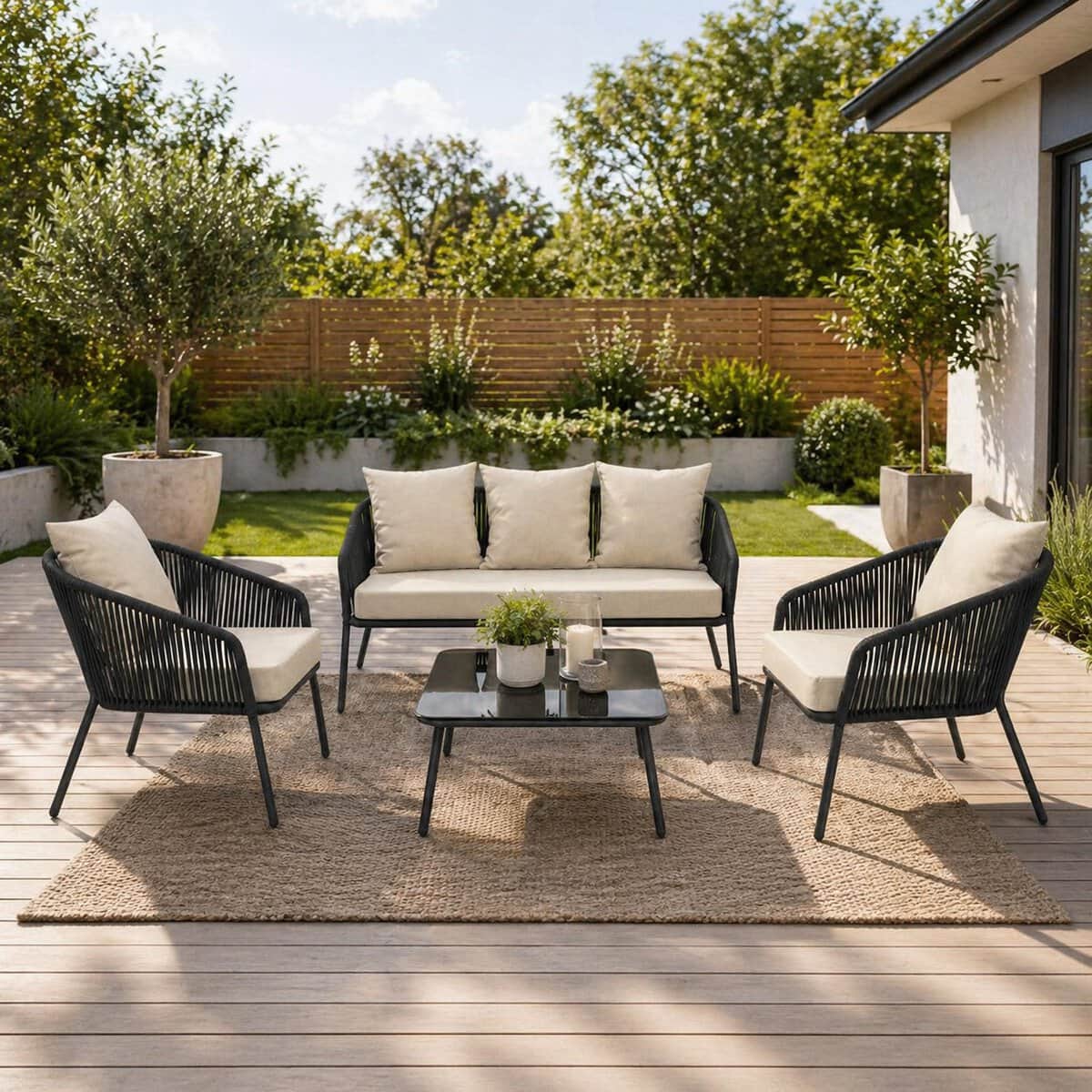 GF-0116-0 Set mobilier gradina 4 piese cu canapea sofa, 2 fotolii si masa sticla, cadru metalic, negru cu perne bej Mob360 - imagine 1