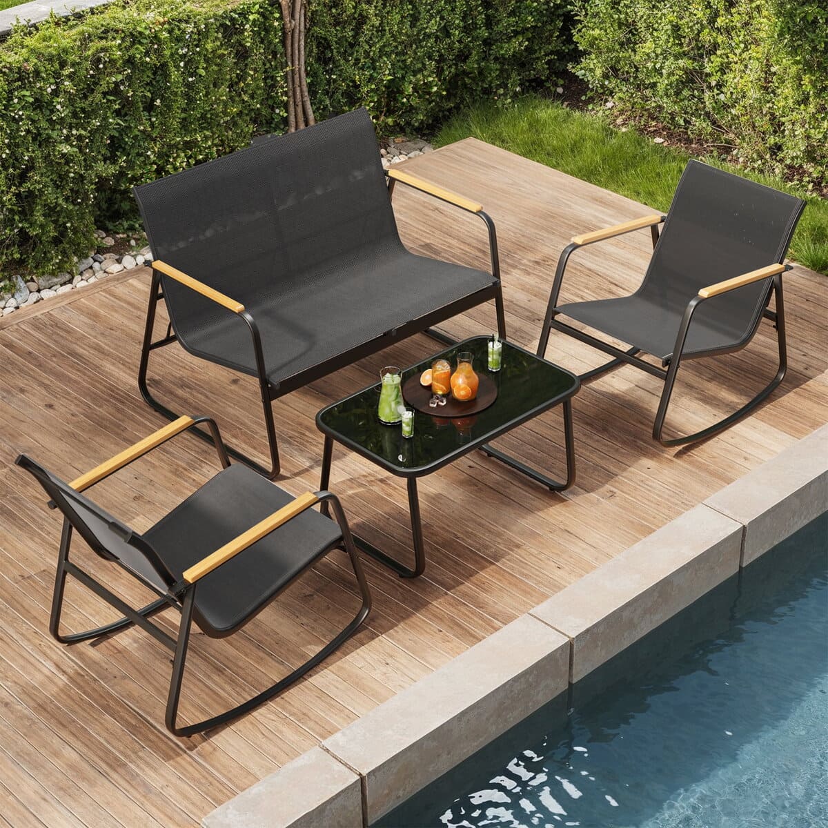 GGF0028BZ01 Set mobilier gradina 4 locuri, 2 scaune balansoar, canapea si masa, cadru metalic, negru Mob360 - imagine 1