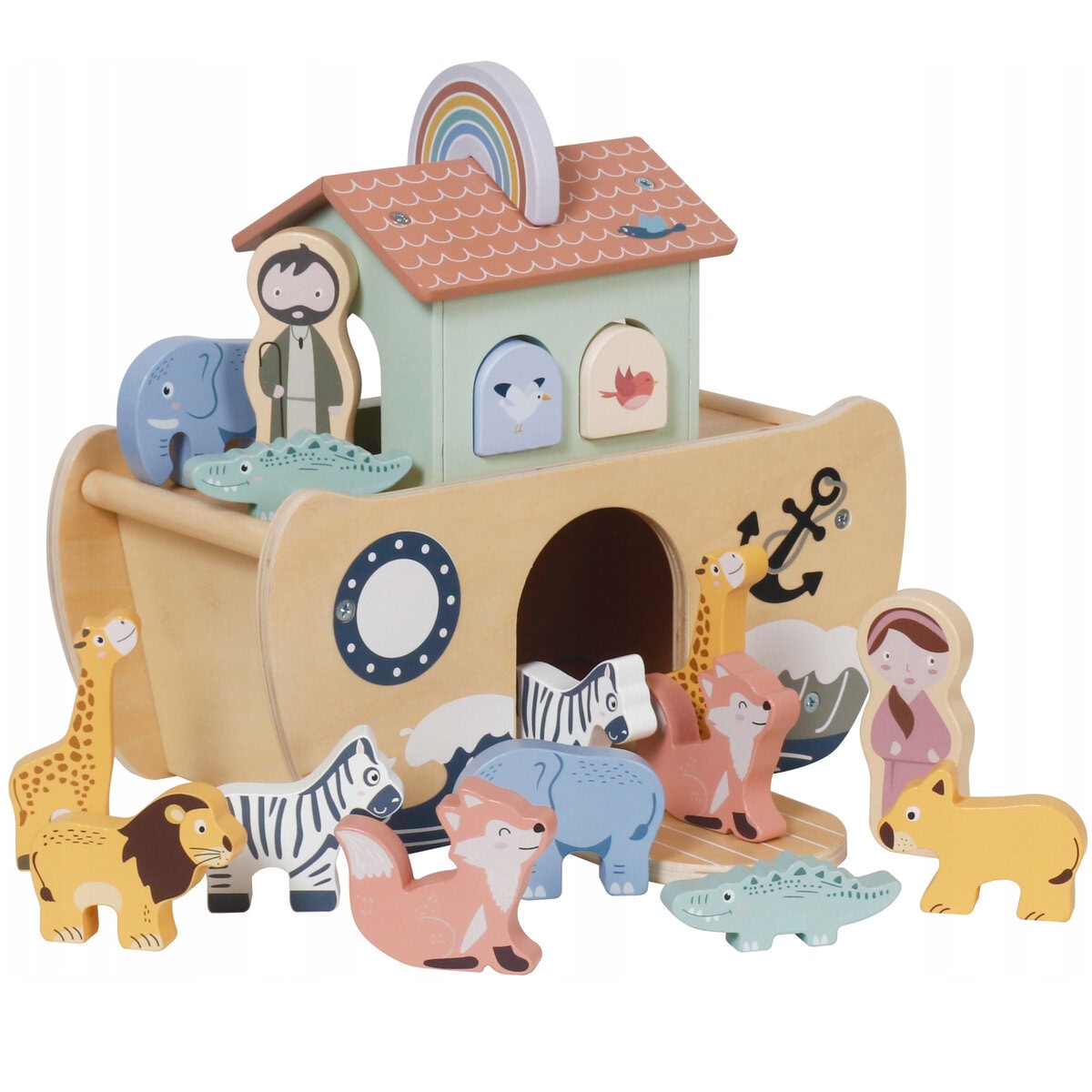 GO-B70K-9 Arca lui Noe din lemn, jucarie educativa cu 17 figurine, 25x13x23 cm, multicolor Mob360 - imagine 1