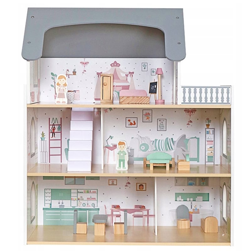 GO-B70S-9 Casuta pentru papusi din lemn cu 3 niveluri, mobilier si accesorii, 61x26x71 cm, multicolor Mob360 - imagine 1