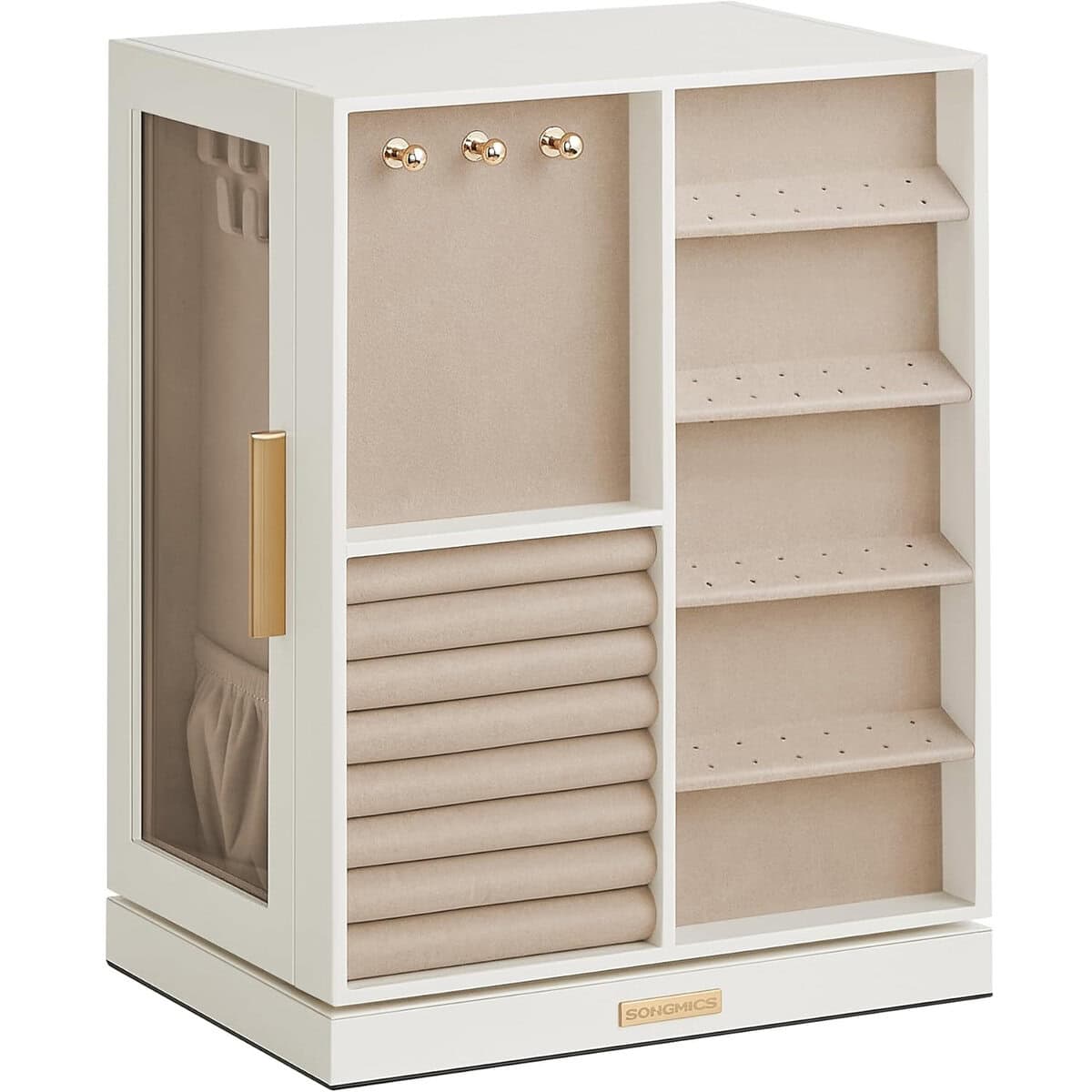 JBC170W01-9 Cutie bijuterii rotativa 360°, cu 5 sertare si ferestre, MDF si catifea, 22x16x29 cm, alb Mob360 - imagine 1