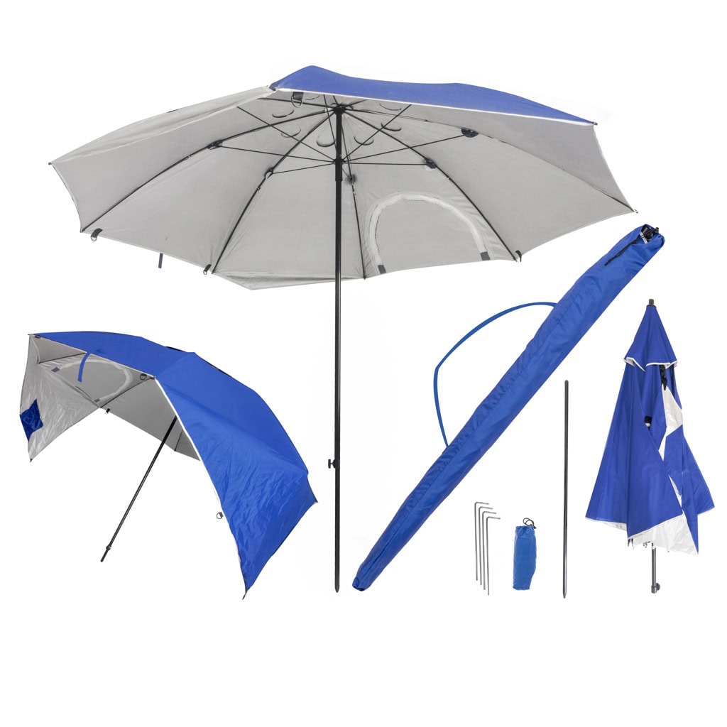 KX5437_1 Umbrela de plaja tip cort 2 in 1 cu paravan lateral, ventilatie si protectie UV, diametru 213 cm, albastru Mob360 - imagine 1