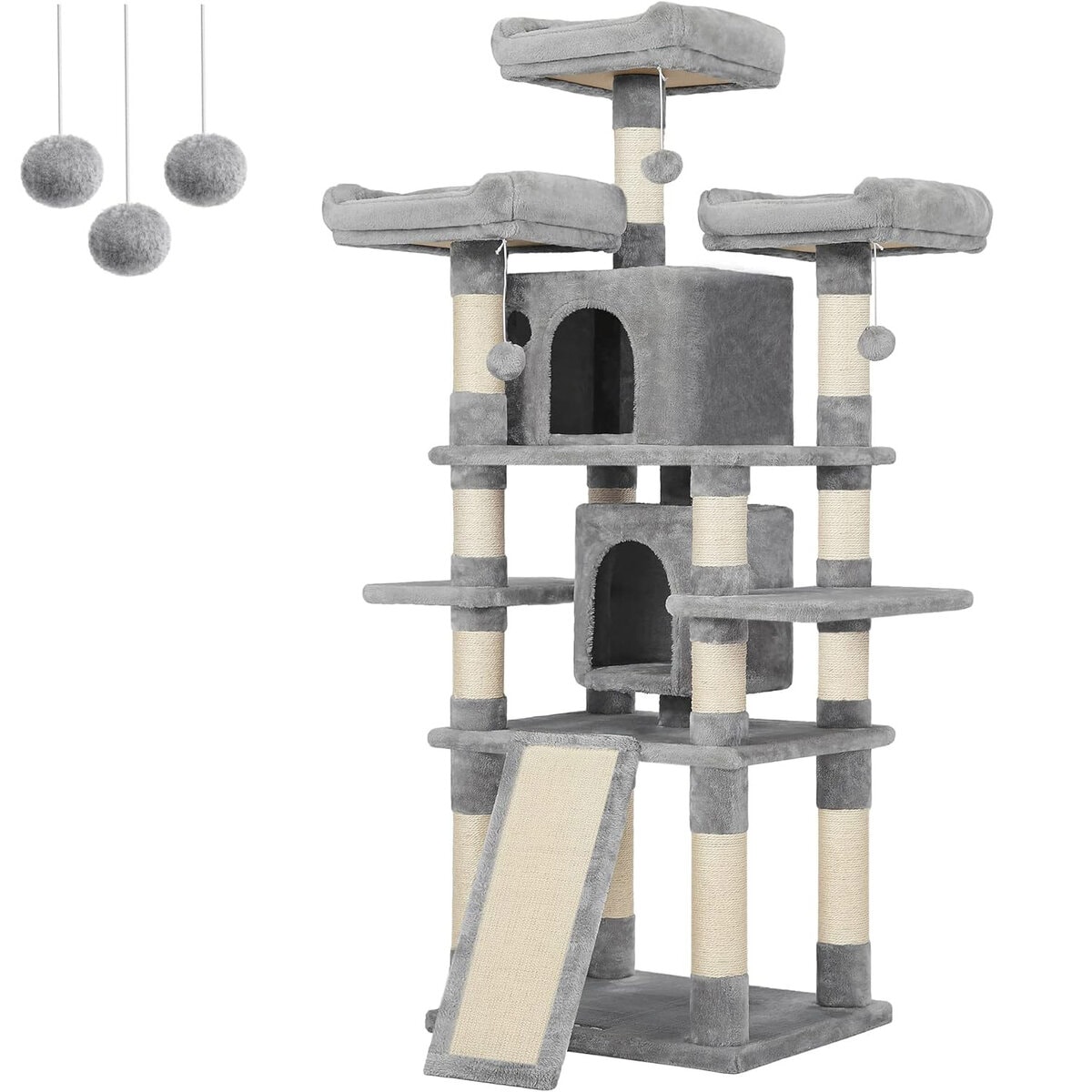 02-36 FEANDREA Ansamblu de joaca pentru pisici, tip copac, cu 3 culcusuri si 2 ascunzatoare, 61x49x170cm, gri deschis Mob360 - imagine 1
