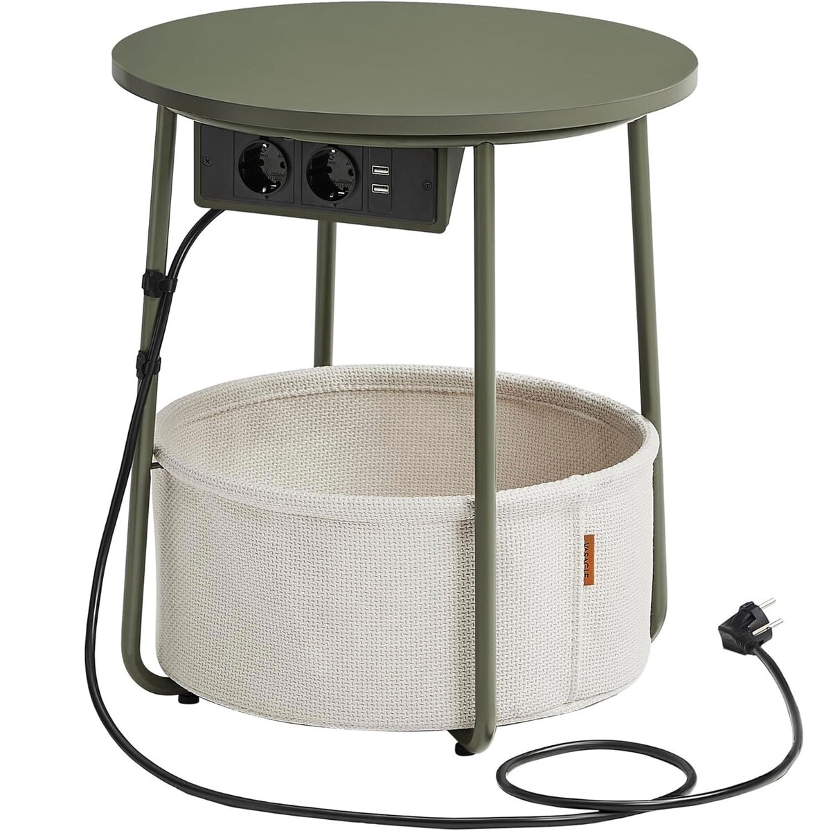 1-89 VASAGLE Masuta de cafea rotunda cu cos de stofa, statie de incarcare 2 prize si 2 USB, 45x50cm, verde crem Mob360 - imagine 1