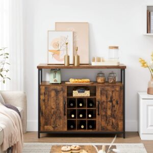 VASAGLE Comoda tip bufet, cu 2 usi si suport pentru sticle vin, stil industrial, 100x35x81cm, maro rustic si negru Mob360 Comodă tip bufet cu suport pentru vinuri stil industrial rustic