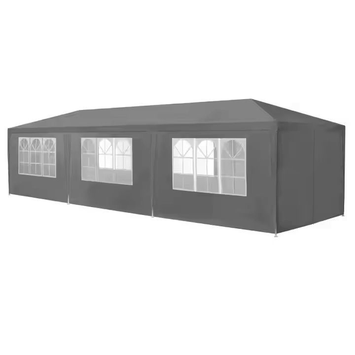 9-terasa Pavilion de gradina 300x900 cm, 8 pereti detasabili cu ferestre si usa, structura metalica, PE impermeabil, gri Mob360 - imagine 1