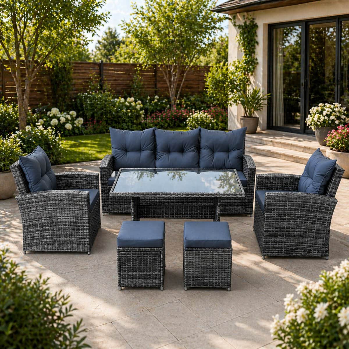 ABI-3347-1 Set mobilier gradina 7 piese, canapea 3 locuri, 2 fotolii, 2 tabureti si masa cu blat sticla, ratan PE, 187x78x85 cm, gri Mob360 - imagine 1