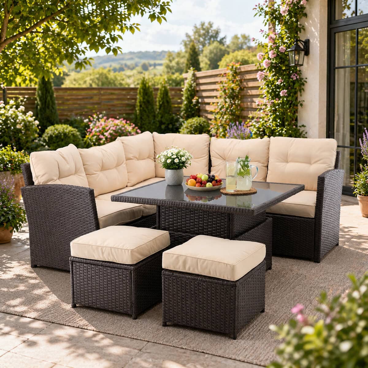 ABI-8205-12 Set mobilier gradina coltar 5 piese, canapea colt, 2 tabureti si masa reglabila pe inaltime, ratan PE, 179x69x73 cm, maro si crem Mob360 - imagine 1