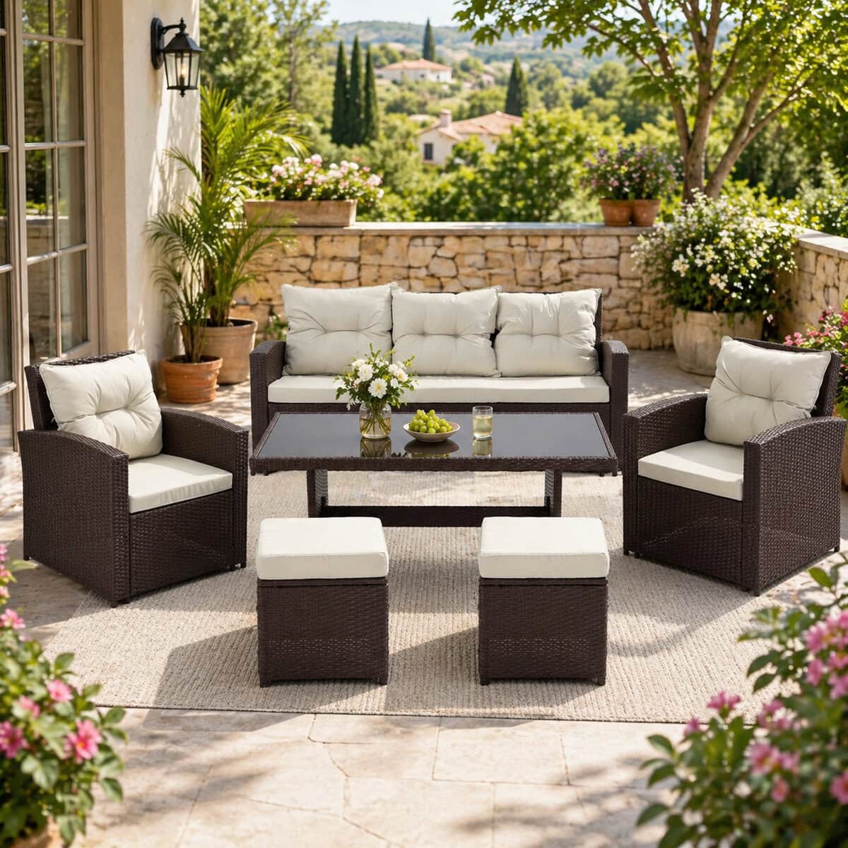 ABI-8805-10 Set mobilier gradina 7 piese, canapea 3 locuri, 2 fotolii, 2 tabureti si masa cu blat de sticla, ratan PE, maro si bej Mob360 - imagine 1