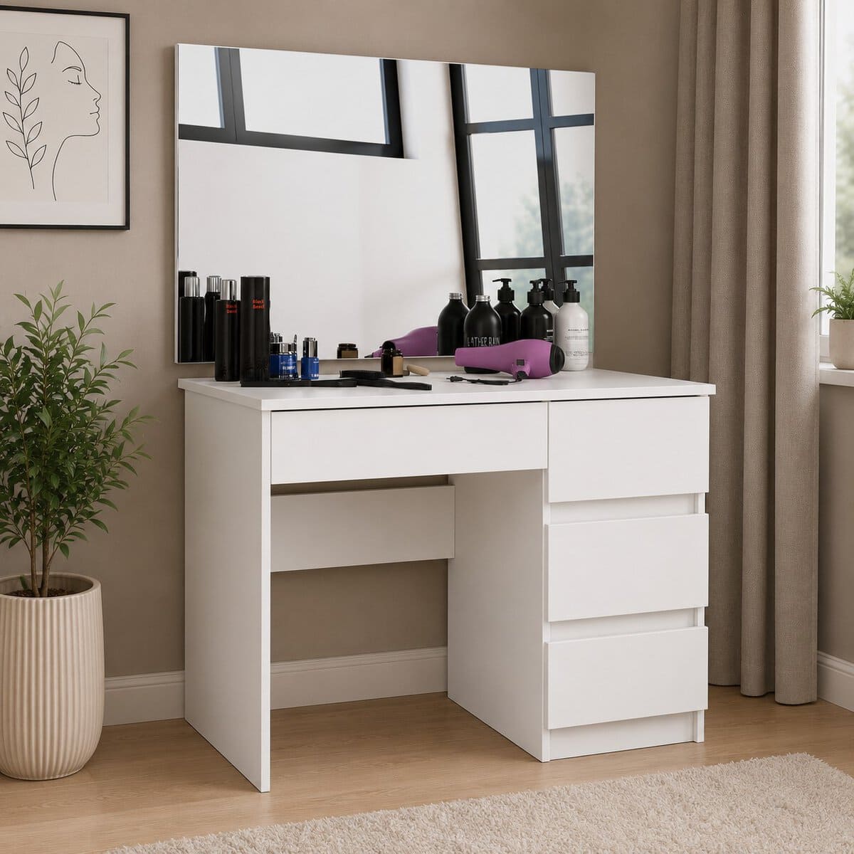 AK-26901204-22-1 Masa de toaleta si machiaj Dreapta, cu oglinda mare, 4 sertare, PAL laminat 16 mm, 90x50x142 cm, alb Mob360 - imagine 1
