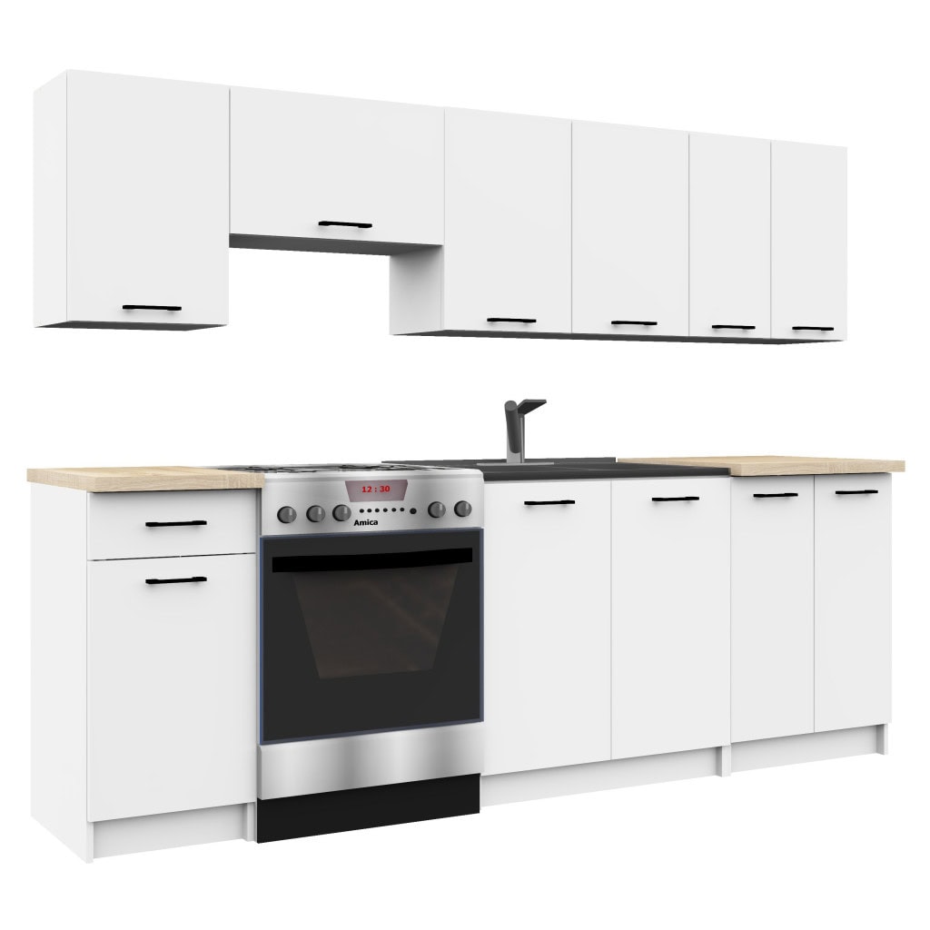AK-38168268-88-7 Set mobila bucatarie Olivia 240 cm, cu blat stejar sonoma, PAL laminat, 7 corpuri, 240x45x203 cm, alb Mob360 - imagine 1