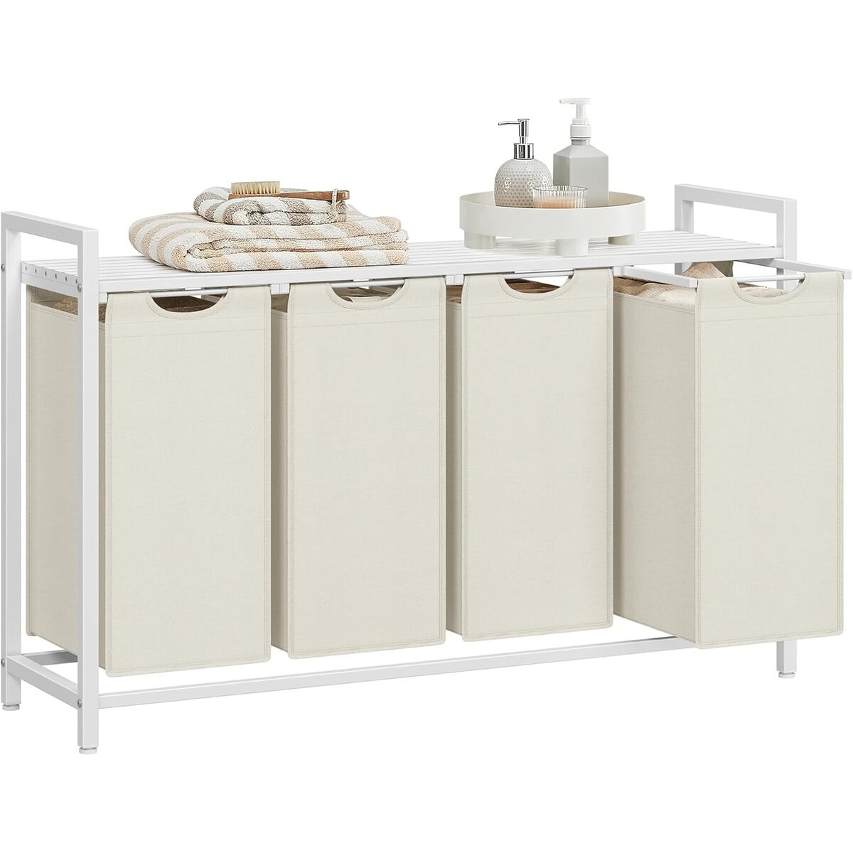 BLH401W01-6 VASAGLE Cos rufe 4x40L, saci detasabili, raft superior si cadru metalic, 116x33x72 cm, alb si crem Mob360 - imagine 1