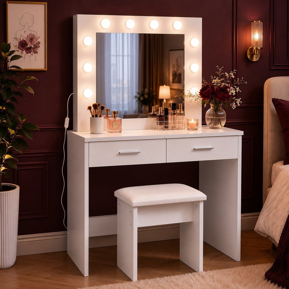CHDT03-000 Masa de toaleta si machiaj Hollywood, alba, cu 2 sertare, oglinda si 12 LED-uri, taburet tapitat, 80x40x140 cm Mob360 - imagine 1